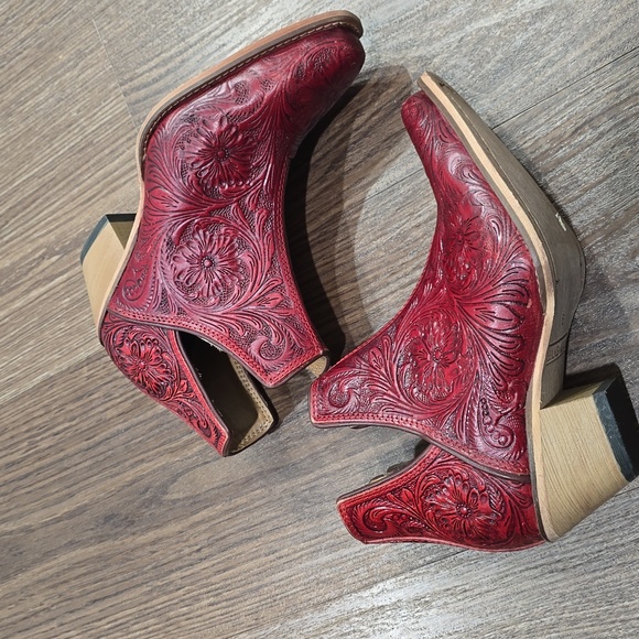 Myra Bag Shoes - Scarlet Hand Tooled Genuine Leather Women Bootie Cowboy Boot Boho Western Red 6